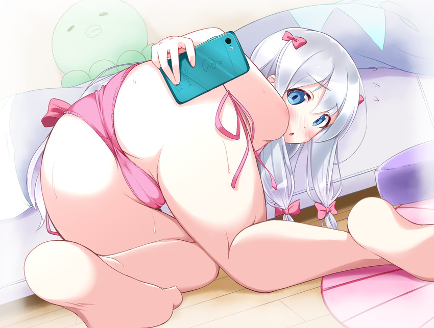 :o ass barefoot bedroom blue_eyes blush bow bra cellphone chestnut_mouth commentary_request eromanga_sensei hair_bow highres holding holding_phone indoors izumi_sagiri long_hair matatabi_(2ccp) panties phone pink_bow pink_bra pink_panties self_shot side-tie_panties silver_hair smartphone solo thighs underwear underwear_only