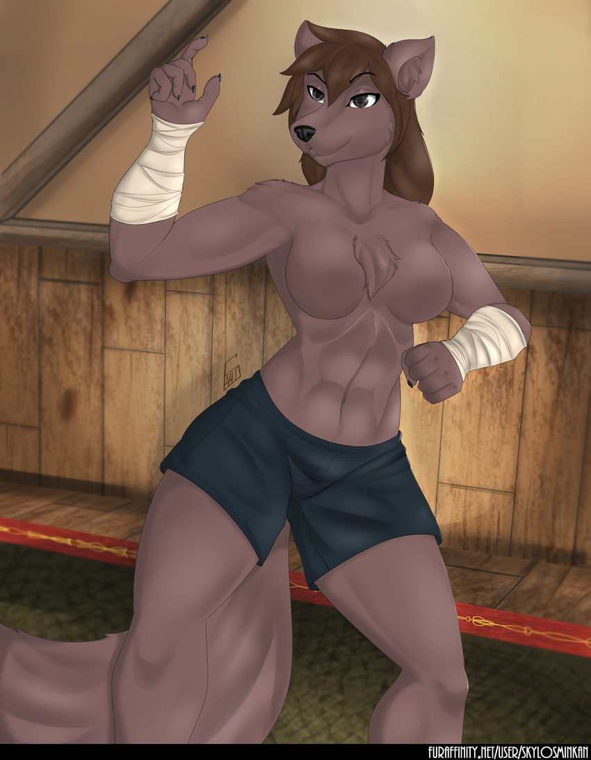 abs anthro breasts brown_fur canine casual_nudity clothing featureless_breasts female fighting_stance front_view fur inner_ear_fluff keidran mammal natani pose skydog twokinds webcomic wolf