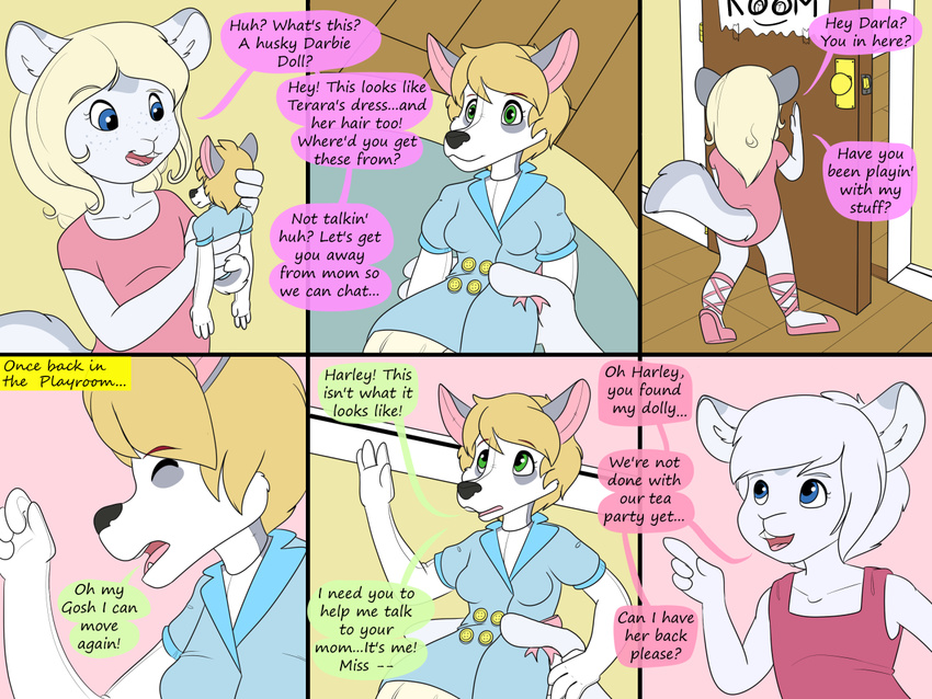 anthro clothing comic cub dialogue english_text hair hi_res kammypup_(artist) mammal speech_bubble text transformation young