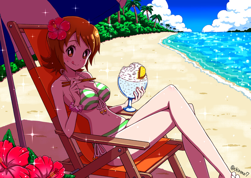 :q beach bikini blush breasts brown_eyes brown_hair chopsticks crossed_legs day flower food front-tie_top hair_flower hair_ornament happinesscharge_precure! holding holding_chopsticks looking_at_viewer medium_breasts navel ocean oomori_yuuko precure rice shirono short_hair side-tie_bikini sitting solo striped striped_bikini swimsuit tongue tongue_out twitter_username