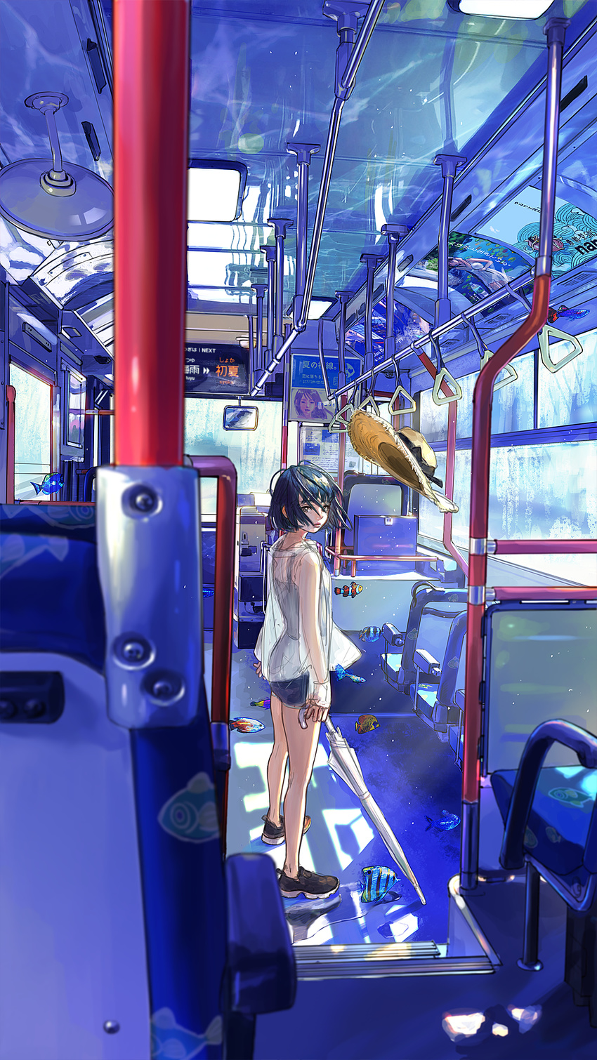 ad black_eyes black_hair blue blurry bus bus_interior camisole day denim denim_shorts depth_of_field expressionless fish floating_hair from_side full_body ground_vehicle hat hat_removed headwear_removed highres holding holding_umbrella lalil-le lips looking_at_viewer mirror motor_vehicle original raincoat reflection seat see-through short_hair shorts standing straw_hat tropical_fish umbrella water_surface