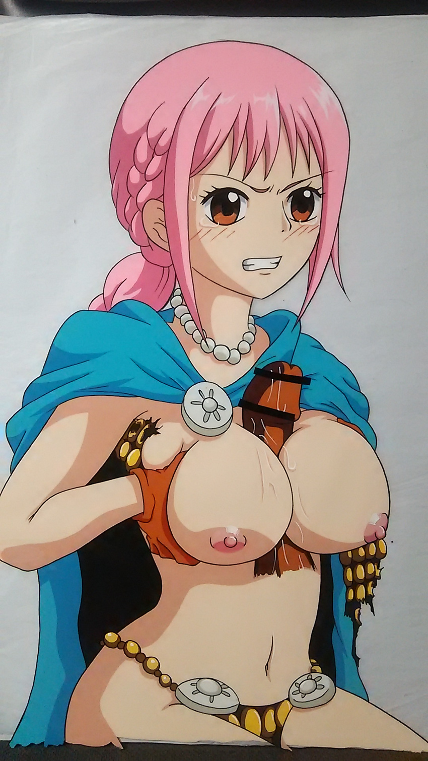 1boy 1girl blush breasts brown_eyes cape large_breasts nipples one_piece paizuri penis pink_hair rebecca_(one_piece) tears