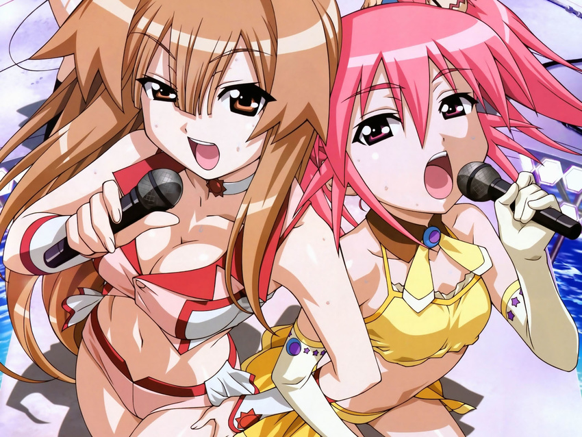 breasts brown_eyes brown_hair choker cleavage detached_collar edomae_lunar elbow_gloves gloves hand_on_hip highres holding holding_microphone long_hair looking_at_viewer medium_breasts microphone morita_kazuaki multiple_girls music navel official_art pink_eyes pink_hair seto_no_hanayome seto_sun short_shorts shorts side-by-side singing sweat