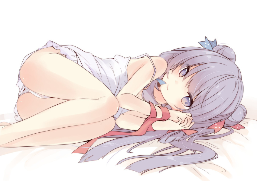 alternate_costume alternate_hairstyle bangs bare_legs bare_shoulders barefoot bed_sheet blue_ribbon blush camisole closed_mouth double_bun eyebrows_visible_through_hair fetal_position hair_ribbon highres kedama_milk legs_together long_hair looking_at_viewer lying on_side own_hands_together panties pantyshot pantyshot_(lying) patchouli_knowledge purple_eyes purple_hair red_ribbon ribbon simple_background smile solo strap_gap strap_slip tareme touhou underwear underwear_only very_long_hair white_background white_panties wrist_ribbon