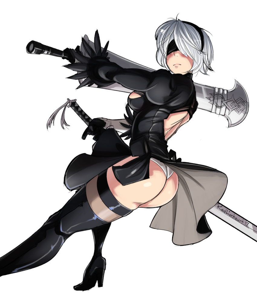 ass back_cutout black_dress black_hairband blindfold boots breasts claymore_(sword) covered_eyes dress dual_wielding feather-trimmed_sleeves hairband highres holding holding_sword holding_weapon katana leotard medium_breasts nier_(series) nier_automata radlionheart reverse_grip silver_hair solo sword thigh_boots thighhighs thighhighs_under_boots transparent_background weapon white_leotard yorha_no._2_type_b