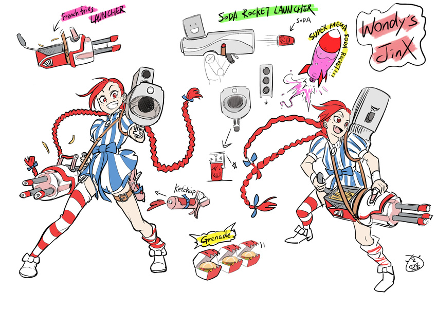 alternate_costume alternate_hair_color braid commentary_request cosplay cup disposable_cup dress dual_wielding english fang food french_fries gatling_gun grin gun hair_ribbon hamburger highres holding jinx_(league_of_legends) ketchup league_of_legends leng_wa_guo long_hair looking_at_viewer machine_gun minigun open_mouth pointing pointing_at_viewer red_eyes red_hair ribbon rocket rocket_launcher signature sketch smile soda solo star striped striped_dress striped_legwear thigh_strap thighhighs twintails typo weapon wendy's wendy_(wendy's) wendy_(wendy's)_(cosplay)