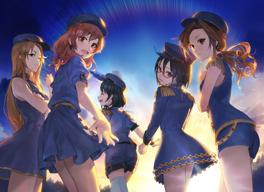 5girls ^_^ araki_hina backlighting bangs bare_arms bare_legs bare_shoulders black_hair blue_dress blue_eyes blue_napoleon blue_skirt breasts brown_eyes brown_hair closed_eyes crossed_arms dress eyebrows_visible_through_hair eyes_closed finger_to_chin from_behind glasses hat highres idol idolmaster idolmaster_cinderella_girls kamijou_haruna kawashima_mizuki long_hair looking_at_viewer looking_back matsumoto_sarina medium_breasts medium_hair mismatched_eyebrows mossi multiple_girls orange_eyes ponytail puffy_sleeves reaching_out red-framed_eyewear sasaki_chie short_hair short_shorts short_sleeves shorts skirt skirt_set sleeveless standing straight_hair sunset team_cendrillon thighhighs twilight wavy_hair white_legwear