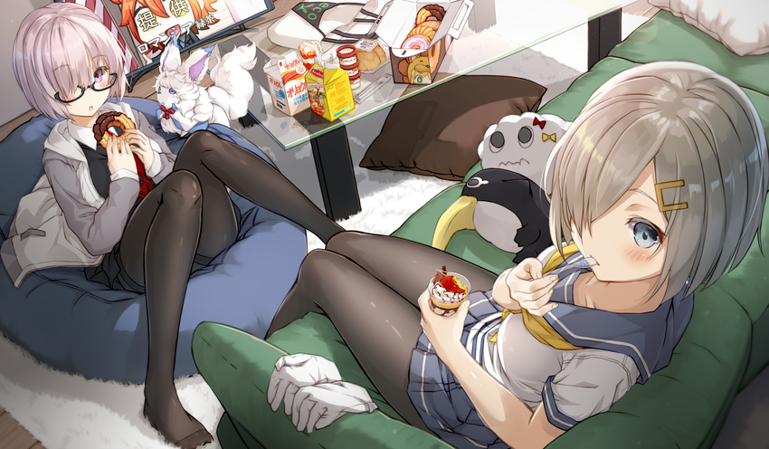absurdres artoria_pendragon_(all) black_legwear blue_eyes blush breasts commentary_request convenient_leg creature crossover doughnut failure_penguin fate/grand_order fate_(series) food fou_(fate/grand_order) fujimaru_ritsuka_(female) glasses gloves gloves_removed hair_ornament hair_over_one_eye hairclip hamakaze_(kantai_collection) highres ice_cream kantai_collection katoroku large_breasts look-alike looking_at_viewer mash_kyrielight miss_cloud multiple_girls necktie no_shoes pantyhose purple_eyes purple_hair riyo_(lyomsnpmp)_(style) saber_lion school_uniform serafuku short_hair silver_hair television trait_connection white_gloves