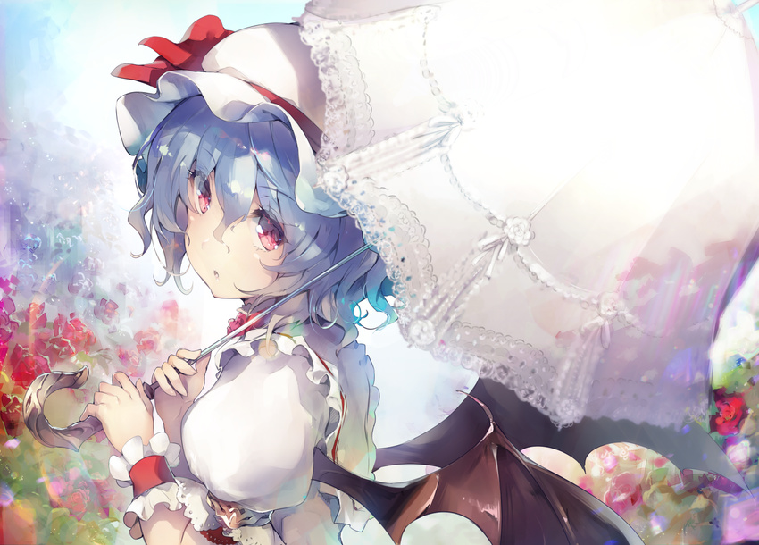 bat_wings blue_hair day deecha hair_between_eyes hat hat_ribbon holding looking_at_viewer mob_cap outdoors parasol puffy_short_sleeves puffy_sleeves red_eyes red_ribbon remilia_scarlet ribbon short_sleeves solo touhou umbrella upper_body wings wrist_cuffs