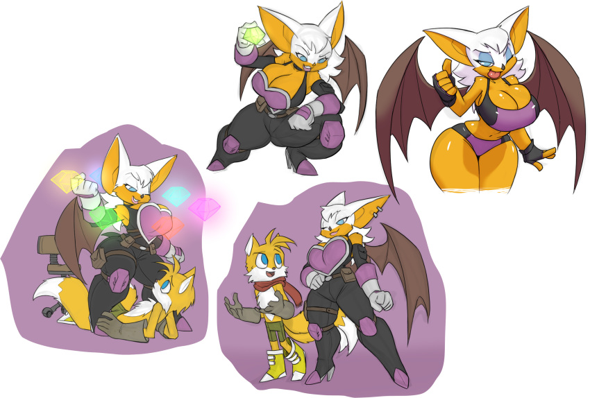 age_difference anthro big_breasts bigdad bikini blush bra breasts canid canine chaos_emerald chiropteran cleavage clothed clothing cub duo emerald_(gem) female fox gem larger_female looking_at_viewer male male/female mammal miles_prower multiple_poses older_female pose purple_background rouge_the_bat shorts simple_background size_difference skimpy smaller_male sonic_(series) sports_bra swimsuit teasing underwear white_background wide_hips young younger_male