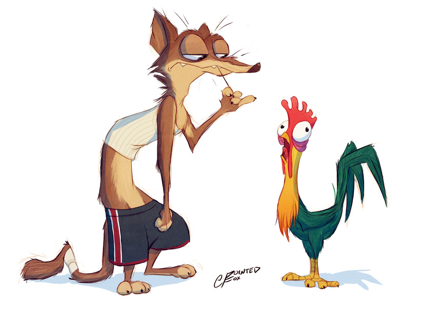 anthro avian bird chicken clothed clothing disney duke_weaselton heihei male mammal moana mustelid pointedfox weasel zootopia