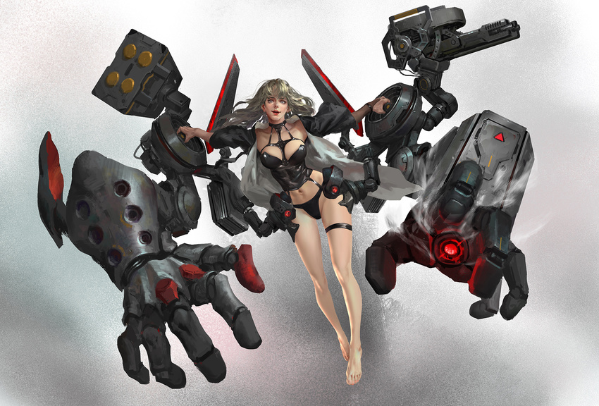 bangs bare_legs barefoot between_breasts black_choker black_panties blonde_hair breasts choker collarbone full_body gun highres jacket kouchong_wen lips lipstick long_hair long_sleeves looking_at_viewer machine_gun machinery makeup medium_breasts missile_pod mole mole_under_eye multiple_arms navel nose open_clothes open_jacket open_mouth original outstretched_arms panties red_lips red_lipstick smile solo stomach teeth thigh_strap toenails toes turret underwear weapon
