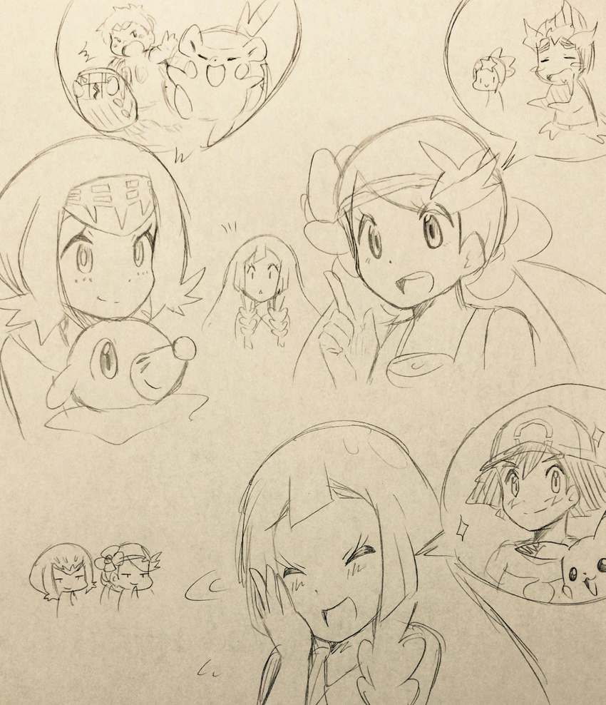 3boys 4girls charjabug hoshi_(pokemon) kaki_(pokemon) lillie_(pokemon) mamane_(pokemon) mao_(pokemon) multiple_boys multiple_girls pikachu pokemon pokemon_(anime) pokemon_sm pokemon_sm_(anime) popplio satoshi_(pokemon) togedemaru