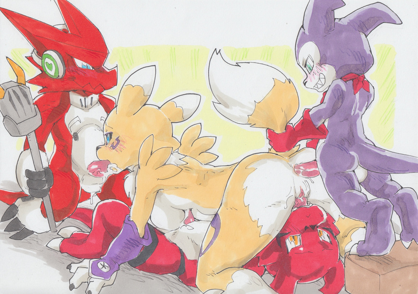 all_fours anal anal_penetration backsack balls breasts clothing cum daigaijin daigajin digimon doggystyle dragon fellatio female from_behind_position gangbang gloves group group_sex guilmon imp impmon male male/female microphone oral penetration penis renamon scalie sex shoutmon side_boob tail_grab tongue wristwraps