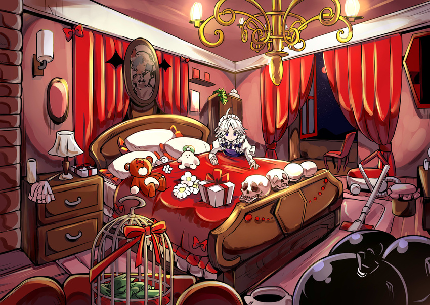 absurdres ahoge baba_(baba_seimaijo) bed bedroom birdcage blanket blue_bow blue_eyes blue_neckwear bow bowtie box braid cage chandelier commentary_request curtains flower gift gift_box hair_bow highres indoors izayoi_sakuya juliet_sleeves long_sleeves maid maid_headdress moon night night_sky open_window portrait_(object) puffy_sleeves red_bow red_moon remilia_scarlet silver_hair skull sky star_(sky) starry_sky stuffed_animal stuffed_toy teddy_bear touhou trash_bag tupai_(touhou) twin_braids vacuum_cleaner window