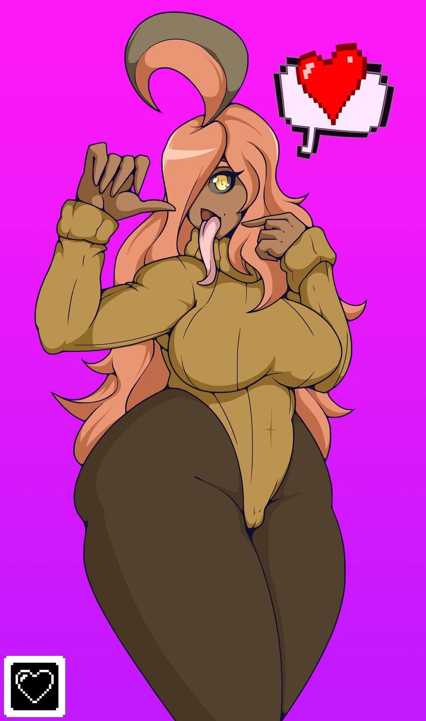 &lt;3 1uped-art ahoge anthro black_sclera breasts camel_toe clothed clothing fellatio_gesture female gourgeist hair hair_over_eye long_hair long_tongue nintendo open_mouth pink_background pok&eacute;mon simple_background solo speech_bubble sweater thick_thighs tongue tongue_out video_games