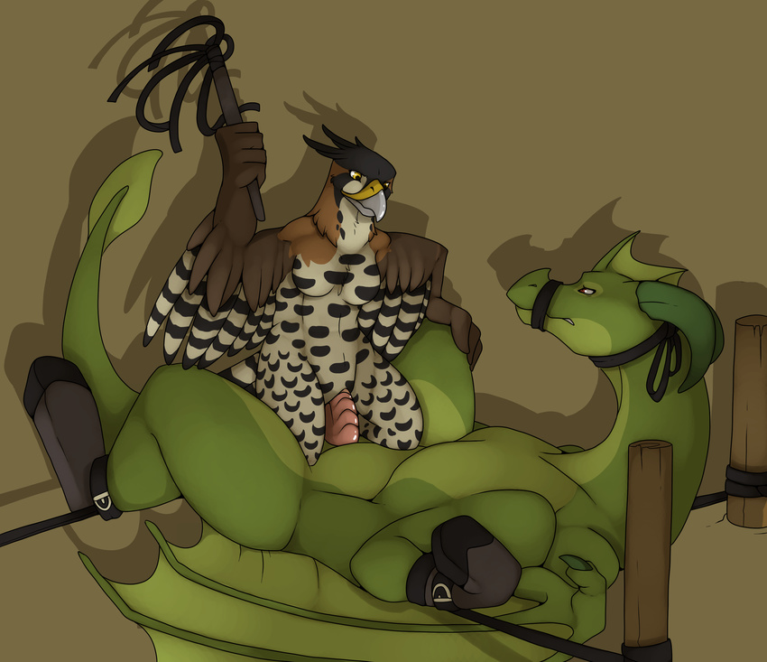 2016 absurd_res anthro anthro_on_feral avian bdsm beak bestiality bird black_feathers bondage bound breasts brown_background brown_eyes brown_feathers digital_media_(artwork) domination dragon dragon_rider duo eagle erection feathered_wings feathers female female_domination female_on_feral feral forced frill front_view green_body hawk head_frill hi_res horn interspecies jagon leg_grab looking_down looking_up lying male male/female membranous_wings multicolored_feathers muzzle_(object) nude on_back on_top penetration penis pussy ridged_penis shaded shadow simple_background slit_pupils spread_wings straps vaginal vaginal_penetration whip white_feathers winged_arms wings yellow_eyes