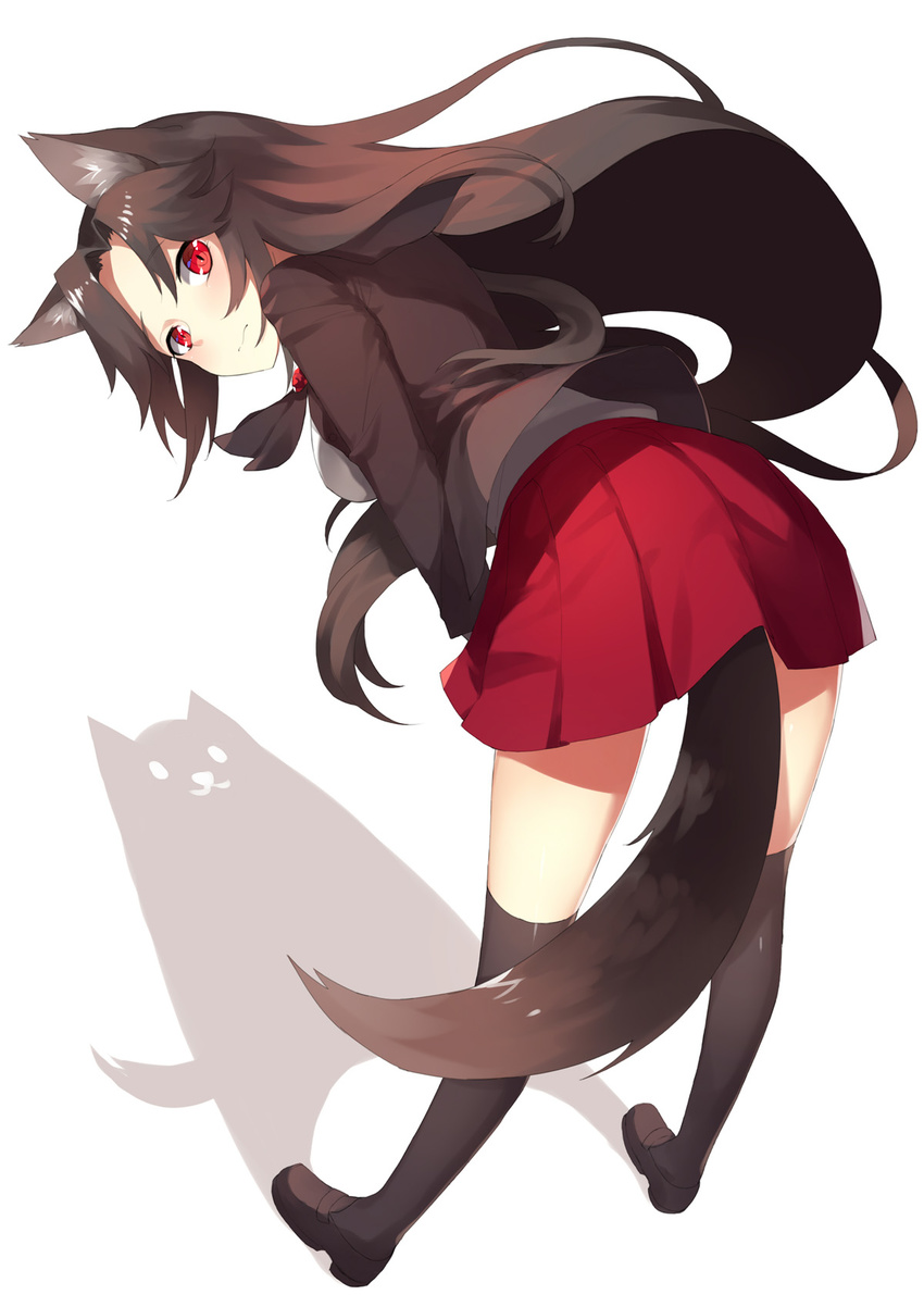 adapted_costume animal_ears black_legwear blouse breasts brown_footwear brown_jacket highres imaizumi_kagerou jacket long_hair long_sleeves looking_at_viewer medium_breasts miniskirt navel open_clothes open_jacket over-kneehighs pleated_skirt red_eyes red_skirt school_uniform sh_(562835932) shadow shoes simple_background skirt solo tail thighhighs thighs touhou very_long_hair white_background white_blouse wolf_ears wolf_tail zettai_ryouiki
