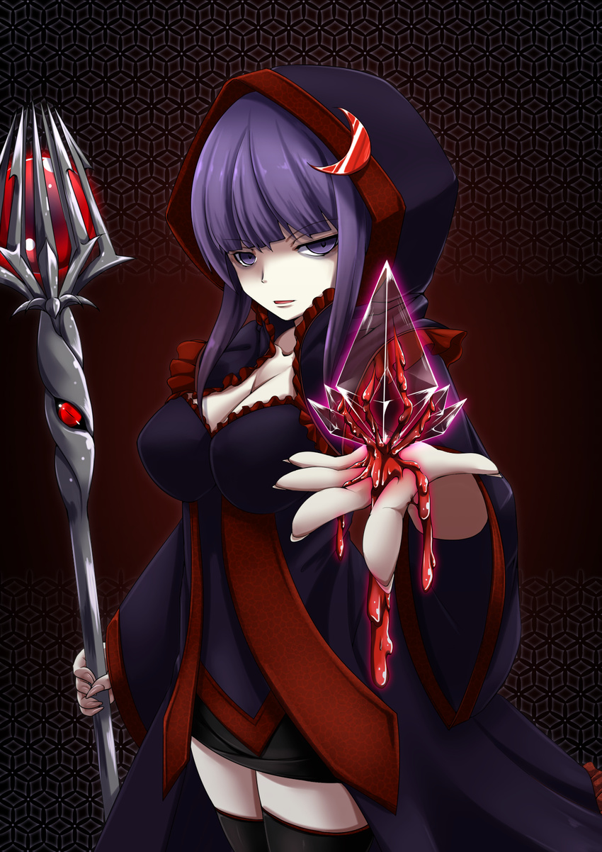 bags_under_eyes breasts cloak commentary crystal dark_persona empty_eyes eyebrows_visible_through_hair fingernails frills highres holding holding_staff hood inyuppo large_breasts pale_skin patchouli_knowledge purple_eyes purple_hair sharp_fingernails staff thighhighs touhou