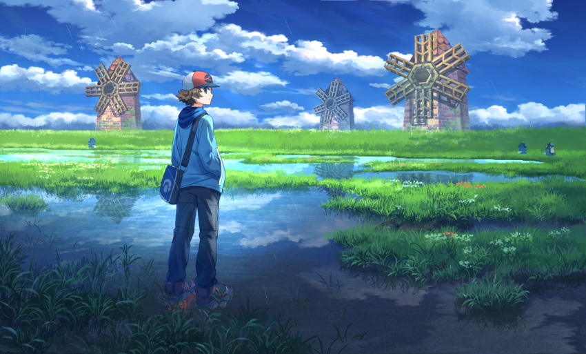 1boy bag baseball_cap blue_footwear blue_hoodie blue_sky brown_eyes brown_hair cloud cloudy_sky creatures_(company) day field from_behind game_freak gen_5_pokemon grass hands_in_pockets hat hood hood_down looking_at_viewer looking_back nintendo outdoors palpitoad pants pippi_(pixiv_1922055) pokemon pokemon_(creature) pokemon_(game) pokemon_bw puddle reflection scenery shoes shoulder_bag sky smile solo touya_(pokemon) water wide_shot windmill