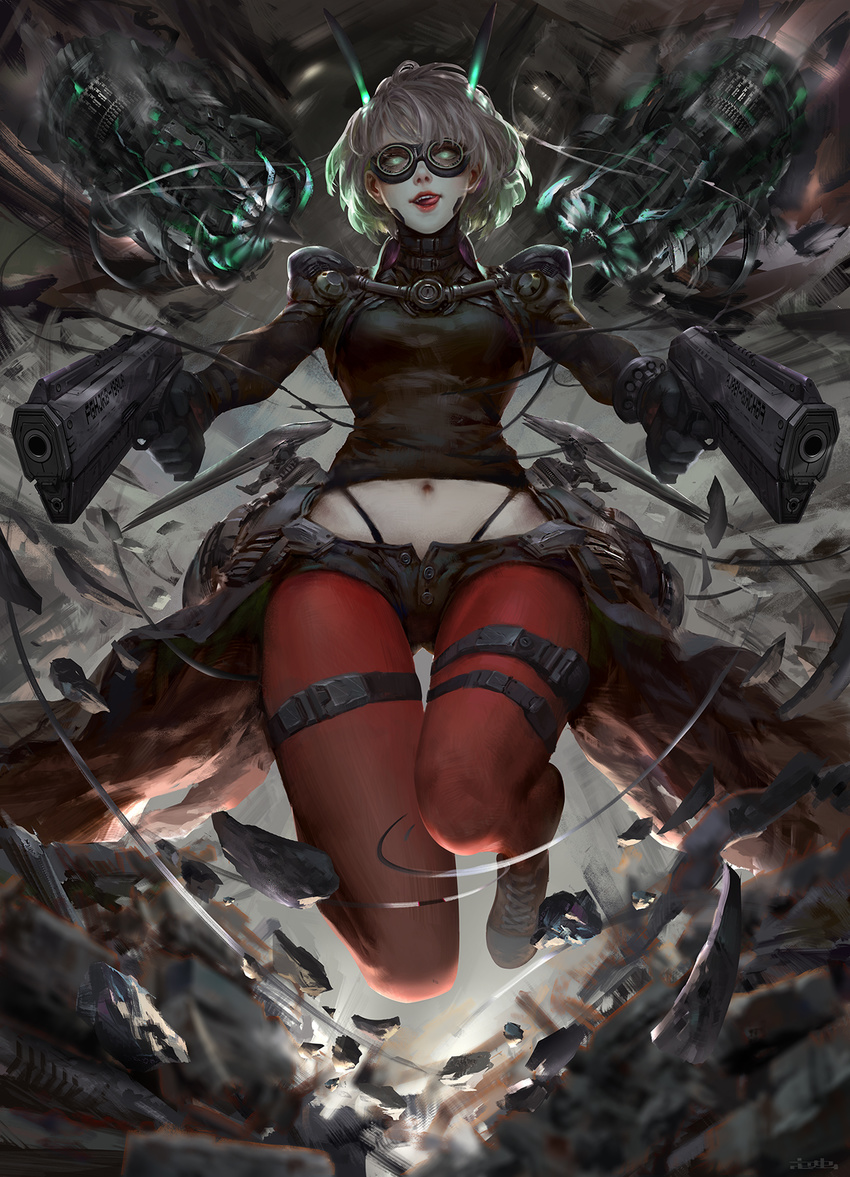 :q ass_visible_through_thighs bangs black_choker black_gloves black_panties black_shirt black_shorts black_skirt bracer breasts choker collar dual_wielding eyelashes faulds full_body gloves glowing glowing_eyes green_eyes gun handgun highleg highleg_panties highres holding holding_gun holding_weapon juliet_sleeves kouchong_wen legs_up licking_lips lipstick long_sleeves looking_at_viewer looking_down lowleg lowleg_shorts makeup midair navel nose open_fly original panties pantyhose pauldrons pistol pointing puffy_sleeves red_footwear red_legwear red_lips red_lipstick shards shirt shoelaces shoes short_hair short_shorts shorts shoulder_pads showgirl_skirt silver_hair skirt small_breasts smile sneakers solo stomach string_panties thigh_gap thigh_strap tongue tongue_out turtleneck unbuttoned underwear weapon