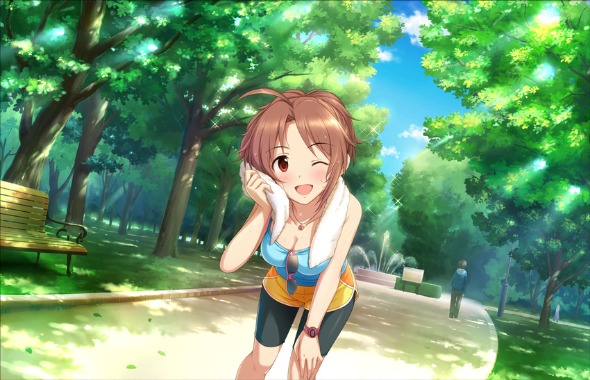 1boy 1girl ahoge bangs bike_shorts bike_shorts_under_shorts blush breasts brown_hair cleavage cloud dappled_sunlight dutch_angle eyebrows_visible_through_hair idolmaster idolmaster_cinderella_girls idolmaster_cinderella_girls_starlight_stage leaning_forward looking_at_viewer medium_breasts necklace outdoors park red_eyes saitou_youko short_hair shorts sky smile solo_focus sunglasses sunglasses_removed sweat towel tree wink wristwatch