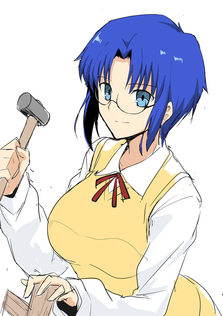 absurdres blue_eyes blue_hair bow breasts ciel glasses hammer harukon_(halcon) highres holding holding_hammer large_breasts long_sleeves looking_at_viewer school_uniform shirt short_hair sidelocks sketch smile solo sweater_vest tsukihime upper_body white_background white_shirt