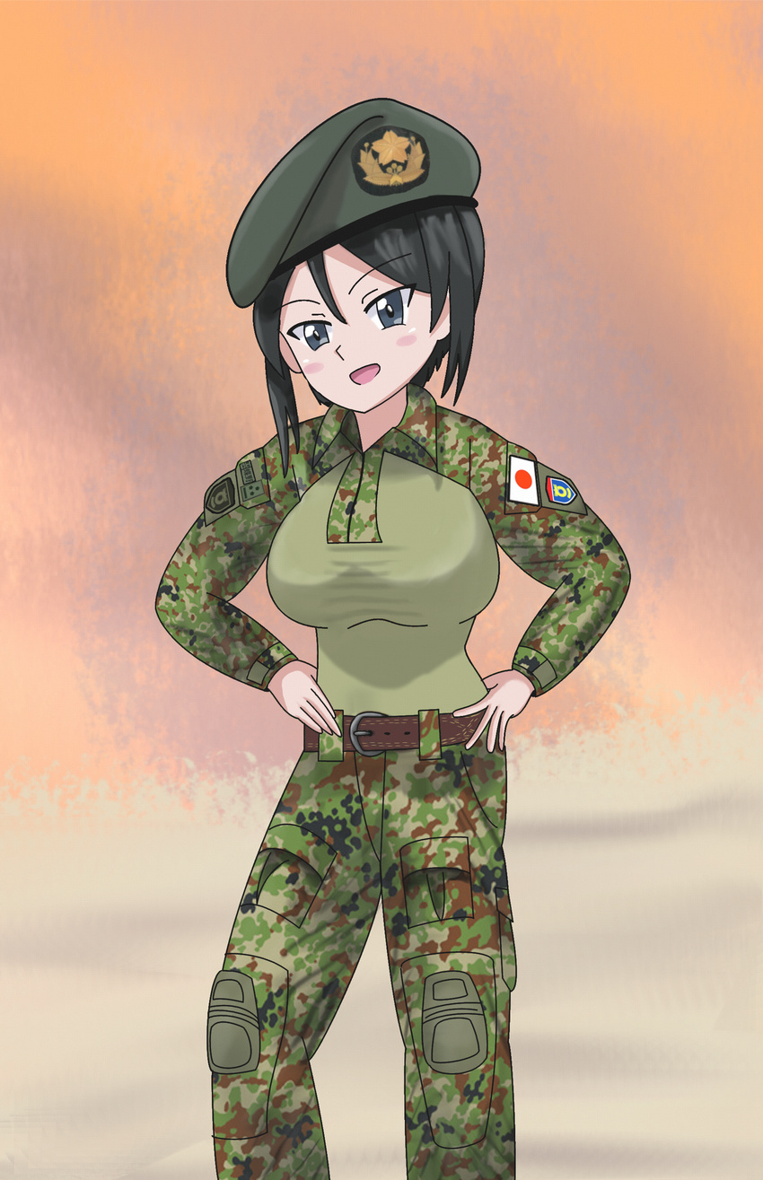 absurdres beret black_hair breasts chouno_ami combat_shirt desert girls_und_panzer hat highres ideshin japan_ground_self-defense_force japan_self-defense_force japanese_flag large_breasts military military_uniform short_hair tactical_clothes uniform