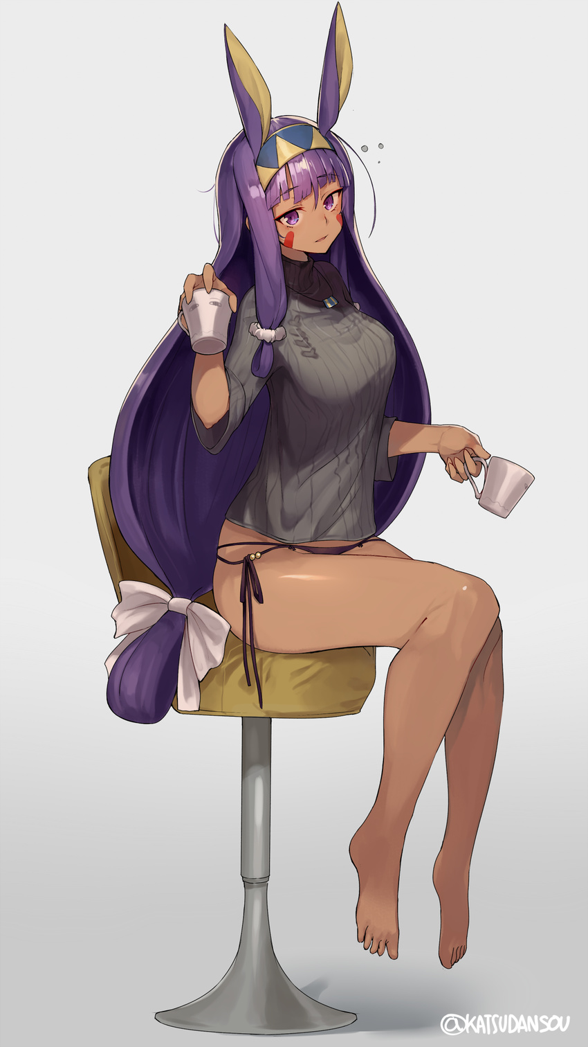 animal_ears artist_name bangs bar_stool bare_legs barefoot black_panties blush bow breasts bunny_ears character_print cup dark_skin eyebrows_visible_through_hair facial_mark fake_animal_ears fate/grand_order fate_(series) foot_dangle full_body grey_background grey_sweater hair_bow hairband head_tilt highres holding holding_cup jewelry katsudansou long_hair long_sleeves looking_at_viewer low-tied_long_hair medium_breasts medjed necklace nitocris_(fate/grand_order) no_pants panties parted_lips pendant purple_eyes purple_hair ribbed_sweater scrunchie shiny side-tie_panties sidelocks signature simple_background sitting solo stool string_panties sweater teacup tipsy turtleneck turtleneck_sweater twitter_username underwear very_long_hair