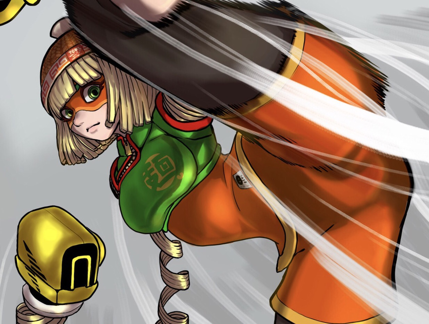 arms_(game) bangs beanie blonde_hair blunt_bangs bob_cut boxing_gloves breasts chinese chinese_clothes closed_mouth clothes_writing crop_top domino_mask fighting_stance food green_eyes green_shirt hat knit_hat leg_up leggings legs mask medium_breasts min_min_(arms) misotamagoudon motion_lines noodles orange_hat pose ringed_eyes shirt short_hair silver_background solo sparky_(arms) unitard zipper zipper_pull_tab