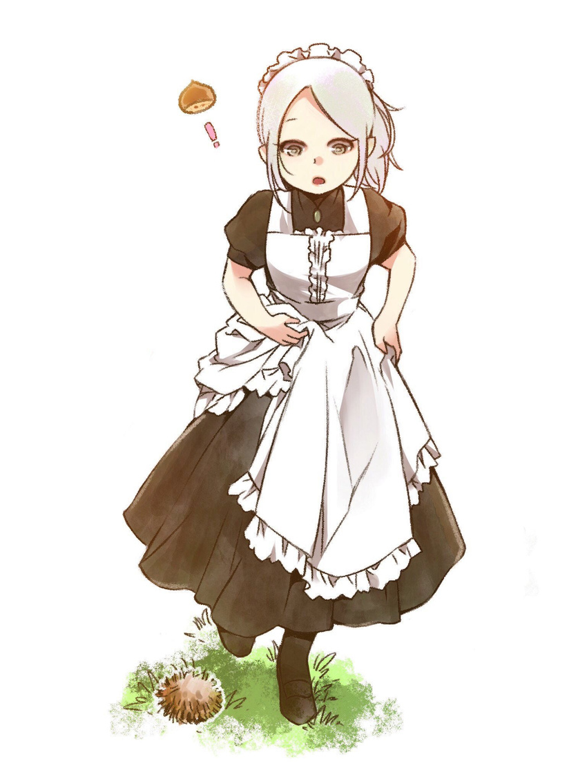 1girl :o apron arii_erice black_dress black_footwear center_frills dress eyelashes frilled_apron frilled_hairband frills full_body grass grey_eyes hair_ornament hairband high_ponytail highres jpeg_artifacts long_hair looking_down maid maid_apron maid_headdress nut_(food) open_mouth outdoors pointy_ears puffy_short_sleeves puffy_sleeves schatzkiste shisetsu_toshokan_schatzkiste_e_youkoso!_erice_to_yu_kaina_meido-tachi short_sleeves side_ponytail silver_hair simple_background solo standing standing_on_one_leg tareme white_apron white_background white_hairband yukito_(schatzkiste)