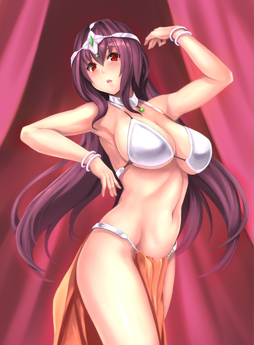 arm_up armpits bangs bare_arms bare_shoulders bikini_top blush bracelet breasts cleavage collarbone cosplay curtains dancer dancer's_costume_(dq) dancing dragon_quest emerald fate/grand_order fate_(series) gem hair_between_eyes highres jewelry large_breasts loincloth long_hair looking_at_viewer midriff navel open_mouth pelvic_curtain purple_hair red_eyes scathach_(fate)_(all) scathach_(fate/grand_order) solo standing stomach very_long_hair yashichii