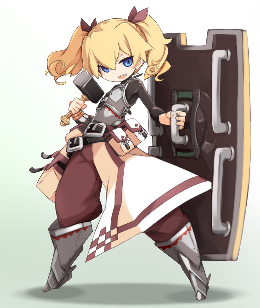 armor belt blonde_hair blue_eyes boots fortress_(sekaiju) greaves hammer highres karukan_(monjya) open_mouth pouch sekaiju_no_meikyuu sekaiju_no_meikyuu_4 shield short_hair smile solo twintails weapon