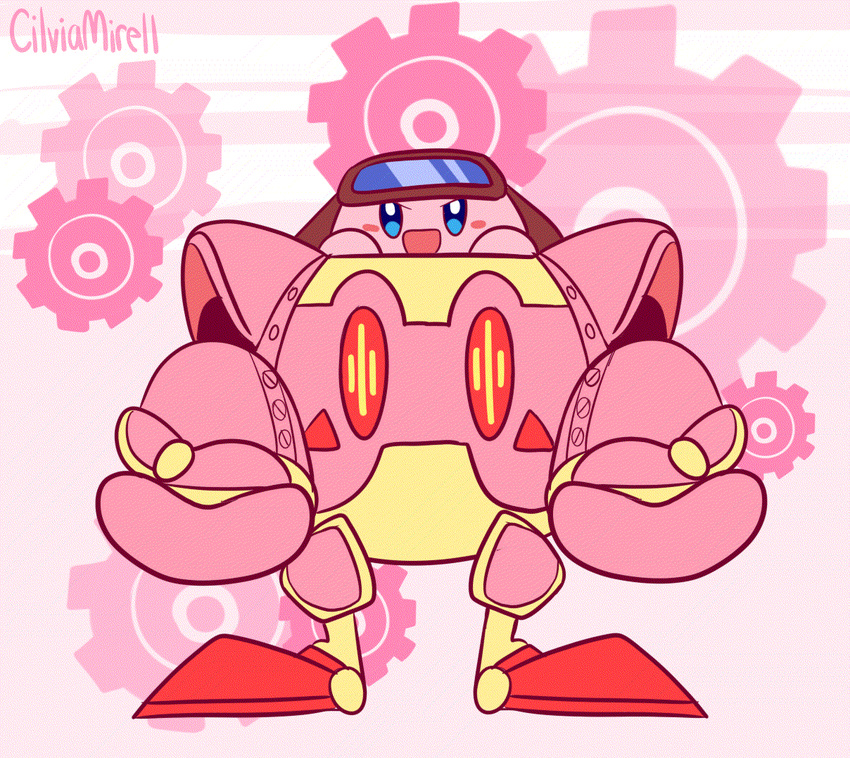 animated blue_eyes cilvia_mirell gear kirby kirby_(series) nintendo pattern_background red_eyes robobot_armor rosy_cheeks simple_background solo video_games waddling_head