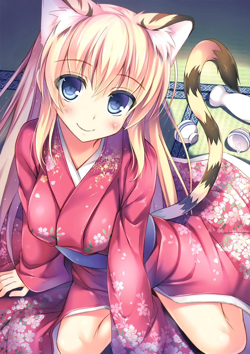 absurdres alcohol animal_ears arm_at_side arm_support bangs bare_legs between_legs blonde_hair blue_eyes blush breasts choko_(cup) closed_mouth cropped cup eyebrows_visible_through_hair fingernails floral_print hand_between_legs highres indoors japanese_clothes kimono large_breasts long_fingernails long_hair long_sleeves looking_at_viewer non-web_source nozomi_tsubame obi on_floor original sake sash scan sitting sleeves_past_wrists smile solo tail tatami tiger_ears tiger_girl tiger_tail tokkuri toranoana