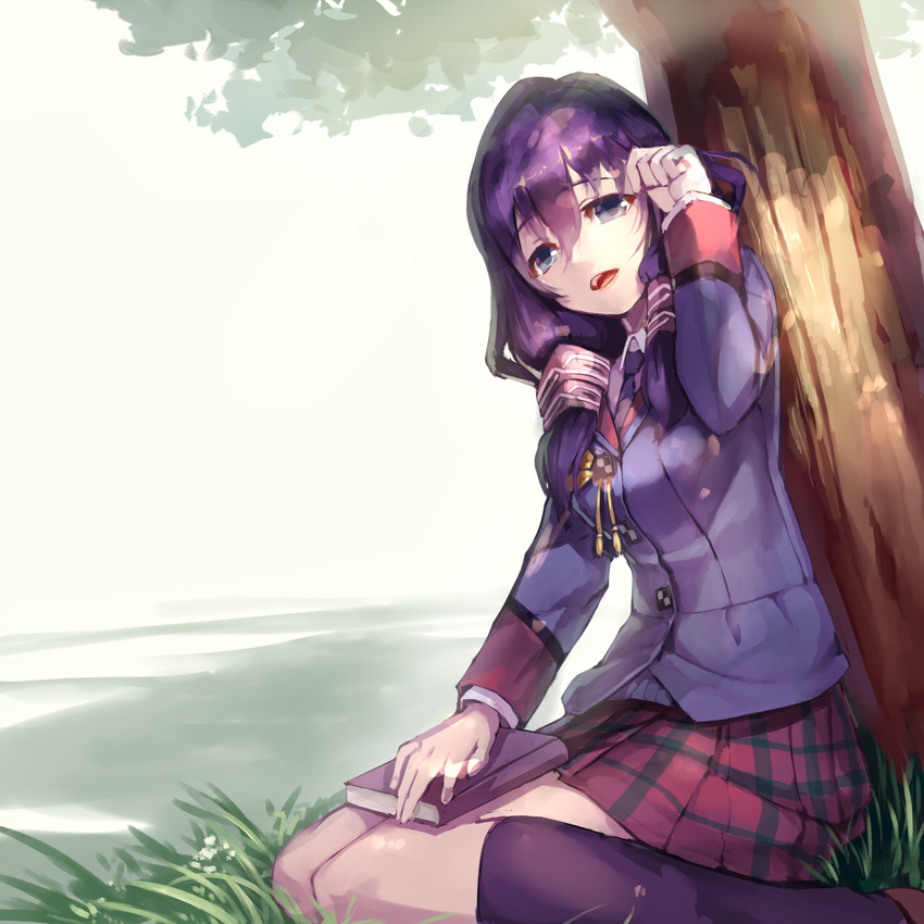 adjusting_hair against_tree black_legwear blue_eyes book breasts collared_shirt grass hair_between_eyes hair_tubes highres kneehighs long_hair long_sleeves looking_at_viewer magari_(senjou_no_valkyria) necktie open_mouth plaid plaid_skirt purple_hair school_uniform senjou_no_valkyria senjou_no_valkyria_2 shirt sidelocks sitting skirt smile solo sue_(bg-bros) tree wariza