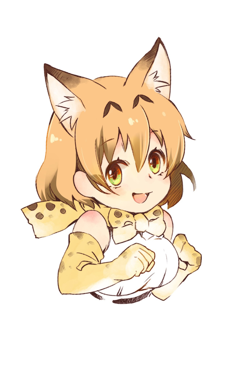 :d alternate_eye_color animal_ears animal_print arii_erice bare_shoulders belt black_belt bow bowtie clenched_hands cropped_torso elbow_gloves extra_ears eyebrows_visible_through_hair eyelashes gloves green_eyes hair_between_eyes hands_up highres jpeg_artifacts kemono_friends looking_at_viewer multicolored multicolored_eyes open_mouth orange_hair paw_pose print_bow print_gloves print_neckwear sanpaku serval_(kemono_friends) serval_ears serval_print shirt short_hair simple_background sleeveless sleeveless_shirt smile solo tareme upper_body white_background white_shirt yellow_eyes