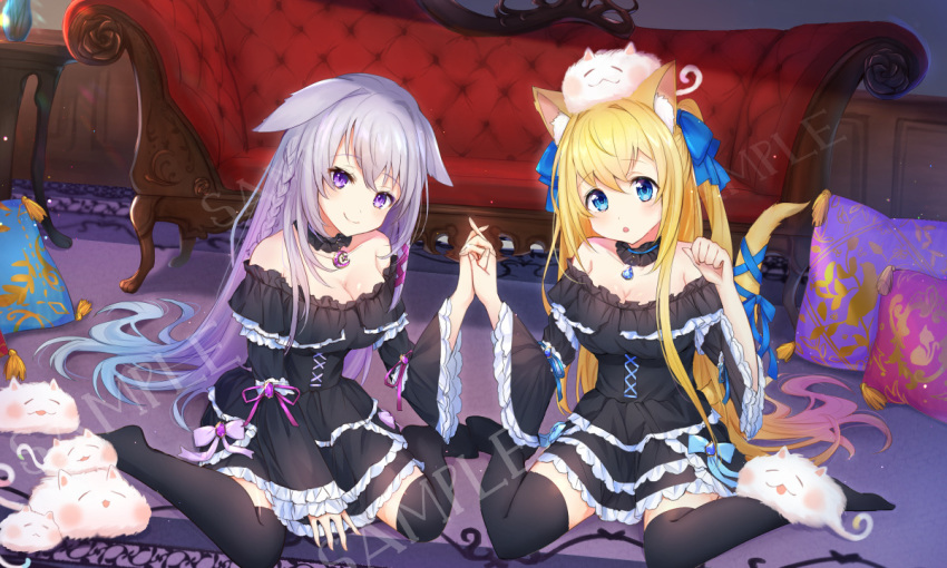2girls absurdly_long_hair animal_ear_fluff animal_ears bangs bare_shoulders black_collar black_dress black_legwear blonde_hair blue_eyes blue_ribbon blush bow braid braiding_hair breasts carpet cleavage collar commission couch cross-laced_clothes cushion detached_collar dress ears_down eyebrows_visible_through_hair frilled_collar frilled_dress frilled_skirt frilled_sleeves frills full_body gothic_lolita hair_bow hair_ribbon hairdressing hand_holding indoors layered_skirt lolita_fashion long_hair long_sleeves looking_at_viewer medium_breasts multiple_girls no_shoes off-shoulder_dress off_shoulder omelet_tomato on_floor on_head open_mouth original paw_pose purple_eyes purple_hair purple_ribbon ribbon sample sidelocks single_braid sitting skirt smile tail tail_ribbon thighhighs very_long_hair wariza wavy_hair wide_sleeves zettai_ryouiki