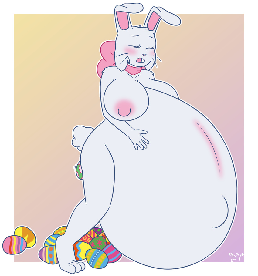 anthro areola belly big_belly big_breasts bittersweet_candy_bowl bow breasts bunny_ears_(disambiguation) cat dawnvula egg feline female fur huge_breasts inflation lagomorph lucy_(bcb) mammal nipples nude oviposition rabbit simple_background teenager webcomic white_fur young