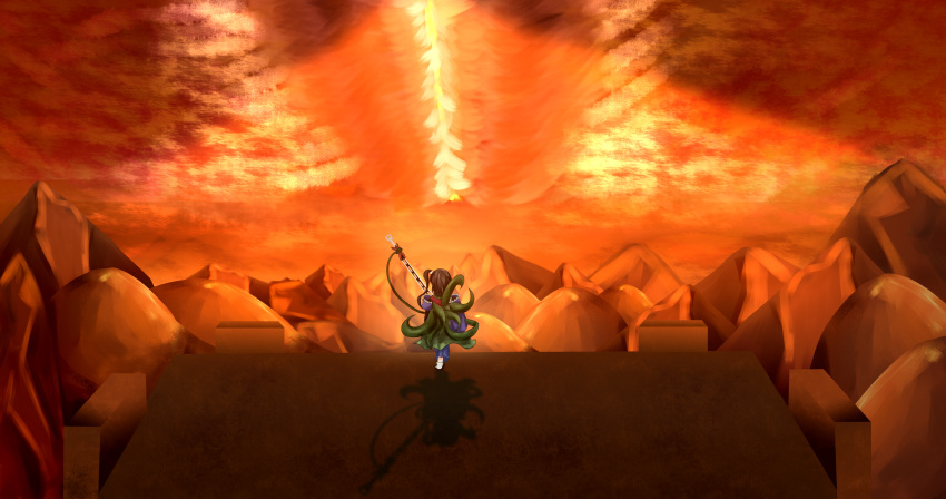 absurdres adagumo_no_yaorochi black_hair detached_sleeves earthen_miraculous_sword green_scarf highres japanese_clothes len'en multiple_tails scarf scenery side_ponytail snake_tail solo sword_of_kusanagi tail tasouken weapon