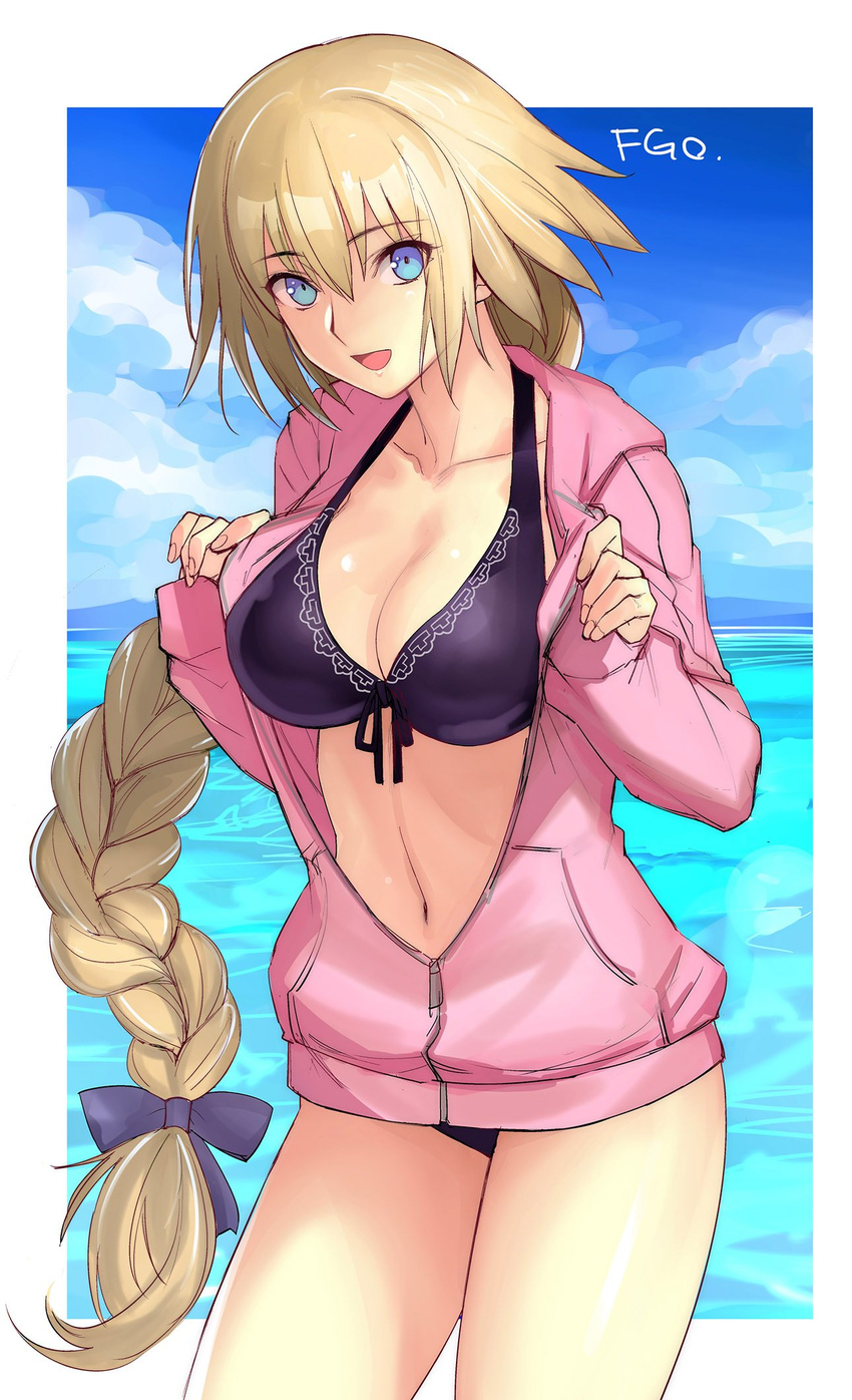 :d bangs bikini bikini_under_clothes black_bikini black_bow black_ribbon blonde_hair blue_eyes blue_sky blush bow braid breasts cleavage cloud collarbone copyright_name cowboy_shot day eyebrows_visible_through_hair fate/apocrypha fate/grand_order fate_(series) front-tie_bikini front-tie_top hair_bow hair_ribbon highres jacket jeanne_d'arc_(fate) jeanne_d'arc_(fate)_(all) long_hair long_sleeves looking_at_viewer medium_breasts navel ocean open_clothes open_jacket open_mouth outdoors outside_border partially_unzipped pink_jacket ribbon shiny shiny_skin single_braid sky sleeves_past_wrists smile solo standing stomach swimsuit tetsu_(kimuchi) thighs tsurime very_long_hair water zipper