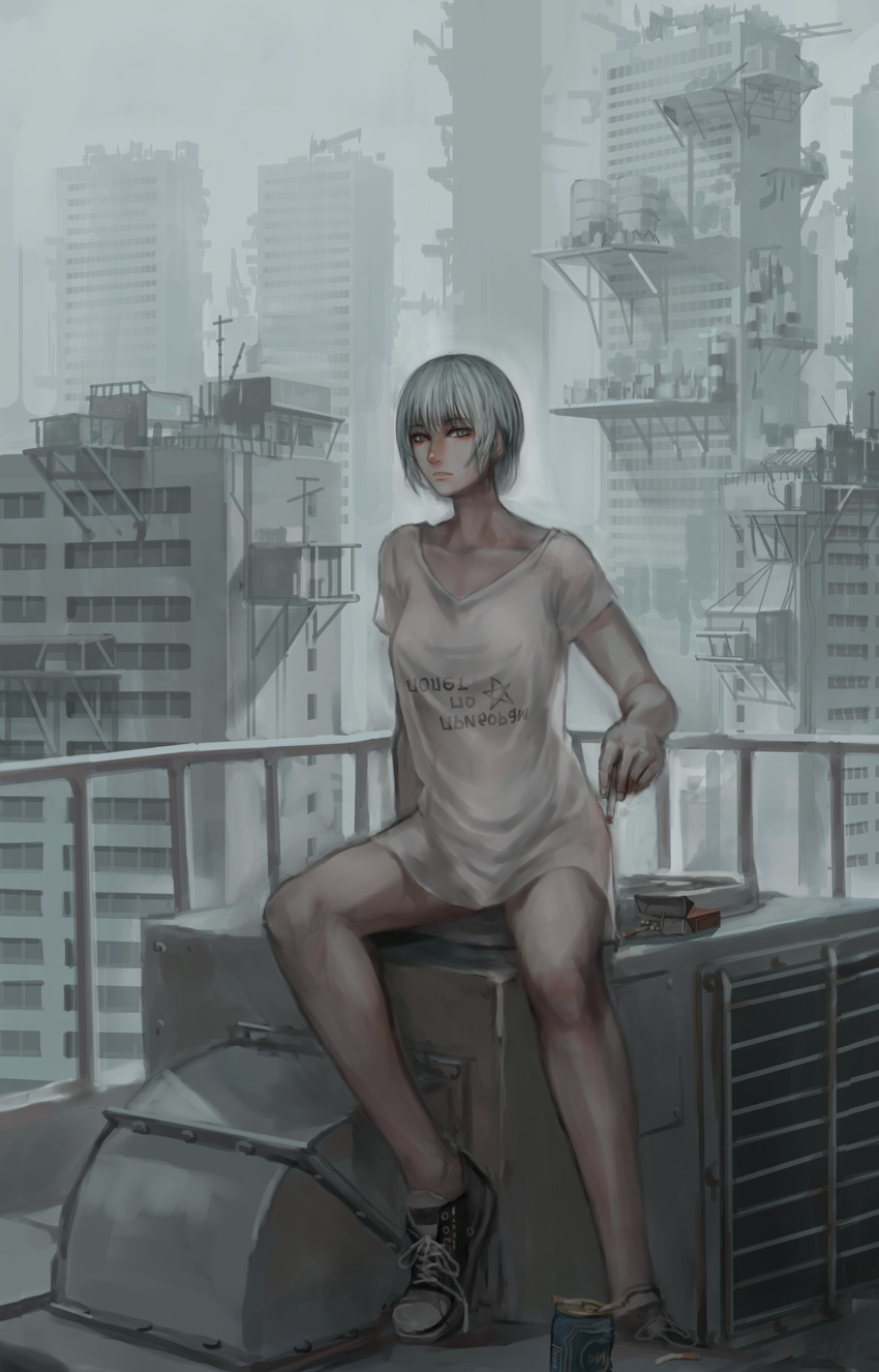 absurdres bob_cut can cigarette cigarette_box commentary_request highres jittsu looking_at_viewer loose_clothes loose_shirt no_pants no_socks original russian shirt shoes short_hair sitting sneakers t-shirt v-neck white_hair