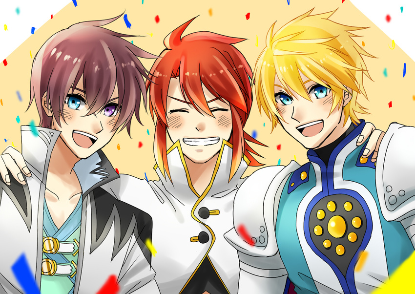 3boys armor asbel_lhant blonde_hair blue_eyes blush coat eyes_closed flynn_scifo heterochromia luke_fon_fabre multiple_boys open_mouth red_hair short_hair tales_of_(series) tales_of_graces tales_of_the_abyss tales_of_vesperia