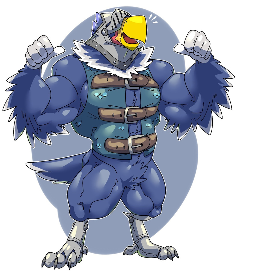 5_fingers abs animal_crossing anthro armor avian beak bicpes bird bottomless cleft clothed clothing eagle feathers happyending helmet male muscular nintendo smile standing sterling_(animal_crossing) thumbs video_games