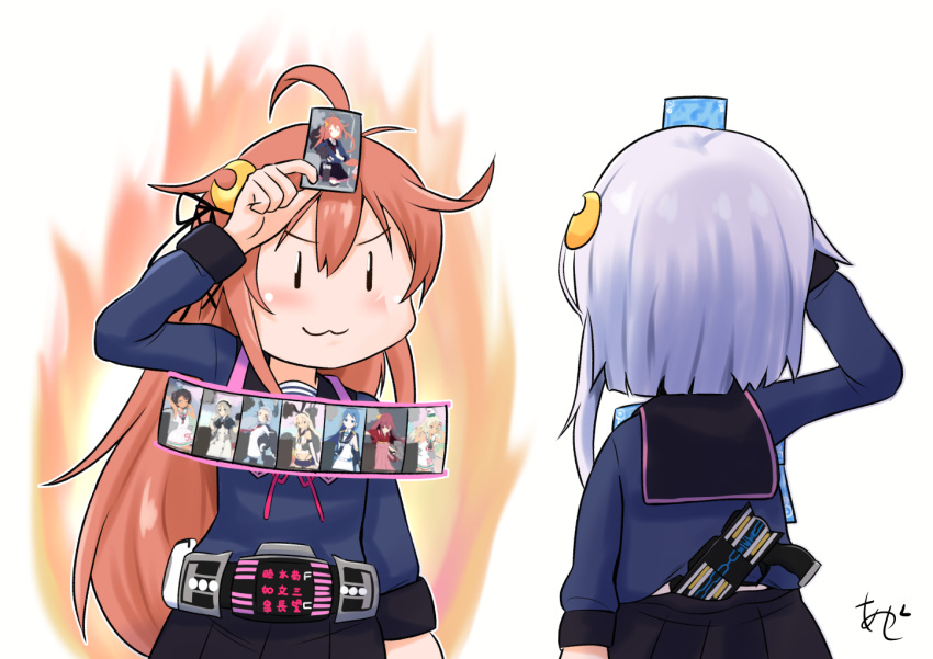2girls :3 ahoge akashieru aura belt black_sailor_collar black_skirt blue_shirt card crescent crescent_hair_ornament fire grecale_(kancolle) gun hair_ornament hair_ribbon javelin_(kancolle) kamikaze_(kancolle) kantai_collection multiple_girls murakumo_(kancolle) orange_hair pleated_skirt purple_hair ribbon sailor_collar sailor_shirt samidare_(kancolle) school_uniform scirocco_(kancolle) serafuku shimakaze_(kancolle) shirt short_hair_with_long_locks skirt upper_body uzuki_(kancolle) weapon yayoi_(kancolle)