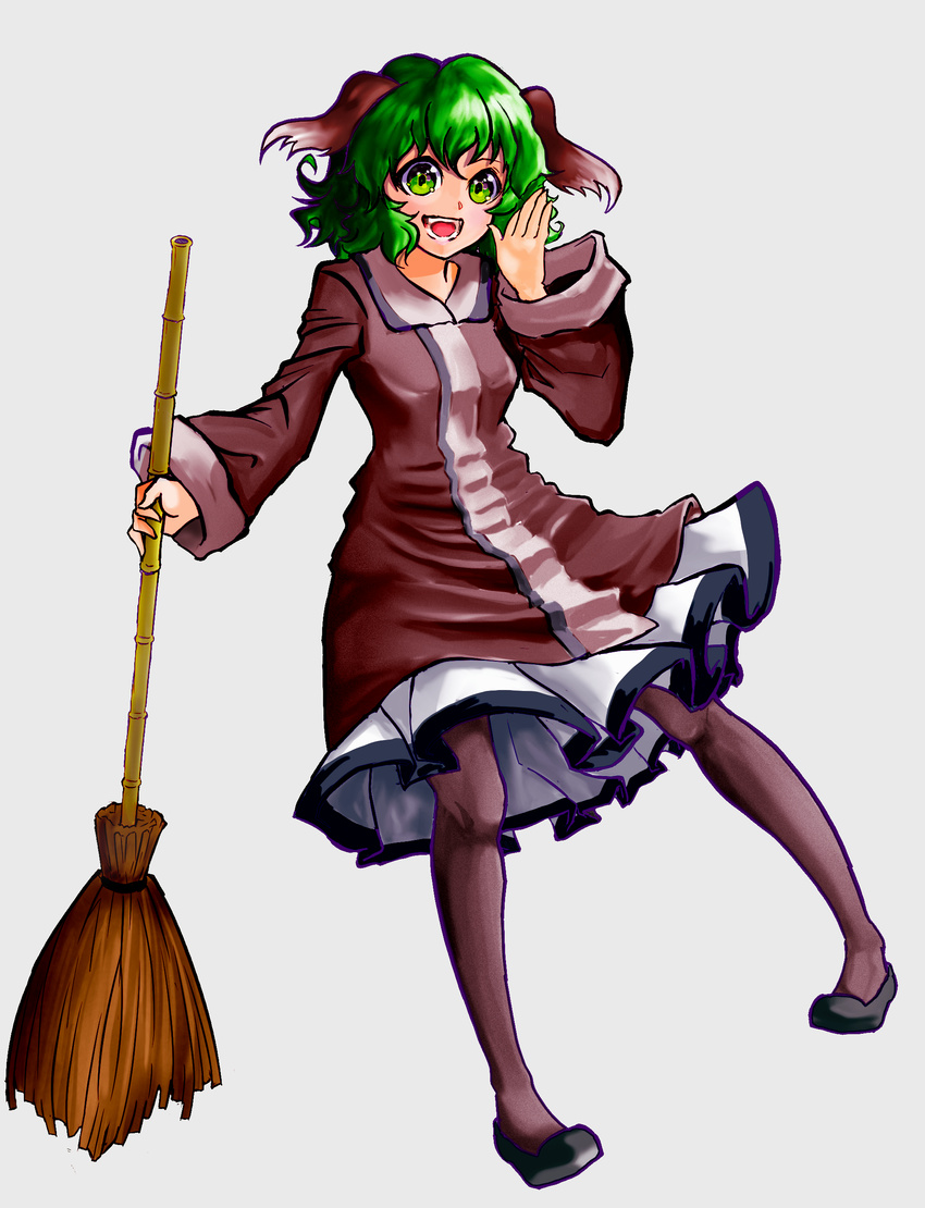 absurdres bamboo_broom broom commentary_request dress full_body green_eyes green_hair highres inoshin_(inixia1748) kasodani_kyouko open_mouth pantyhose pink_dress shouting solo touhou