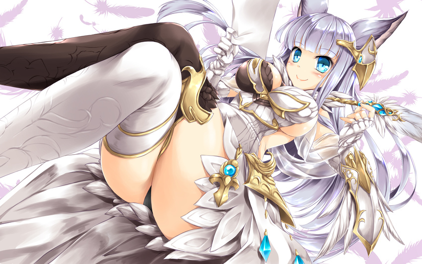 animal_ears ass asymmetrical_clothes blue_eyes breasts cleavage crossed_legs dutch_angle feather_trim fingerless_gloves from_below gloves granblue_fantasy hair_ornament highres kamiya_tomoe korwa large_breasts looking_at_viewer looking_down panties pantyshot paper quill sideboob sitting smile solo underwear white_hair