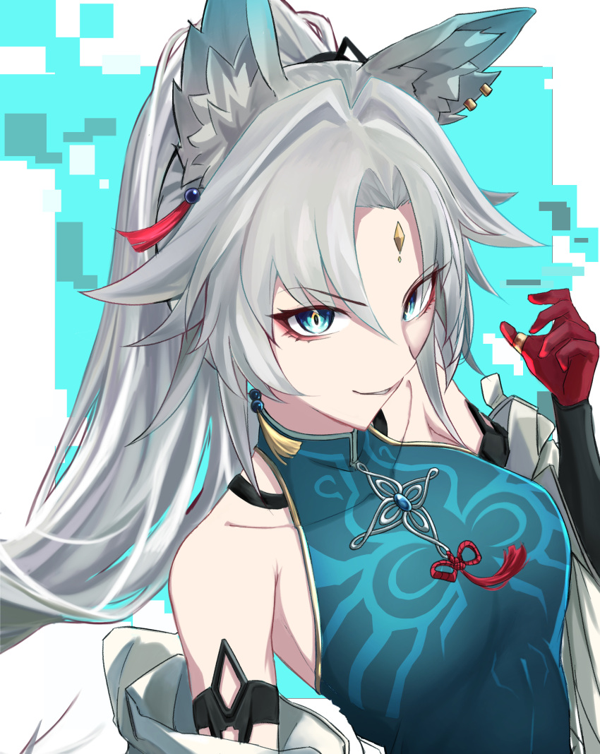 1girl absurdres animal_ear_fluff animal_ears bare_shoulders blue_dress blue_eyes dress feixiao_(honkai:_star_rail) forehead_jewel fox_ears fox_girl gloves grey_hair highres honkai:_star_rail honkai_(series) jacket jewelry long_hair looking_at_viewer off_shoulder parted_bangs ponytail red_gloves rufighter86 smile solo upper_body white_jacket