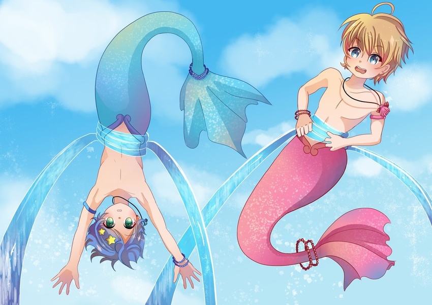 blonde_hair blue blue_eyes blue_hair genderswap genderswap_(ftm) hair_between_eyes hair_ornament hairclip houshou_hanon jewelry mermaid_melody_pichi_pichi_pitch merman monster_boy multiple_boys nanami_lucia open_mouth shell_necklace short_hair star