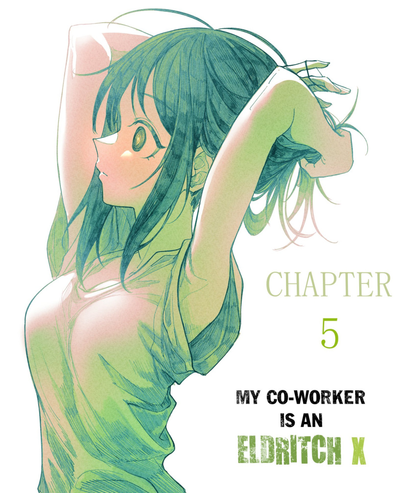 1girl armpits arms_behind_head arms_up breasts chapter_number closed_mouth commentary copyright_name from_side green_theme hands_in_own_hair highres medium_hair monochrome original senukin shirt short_sleeves sidelocks simple_background solo t-shirt white_background